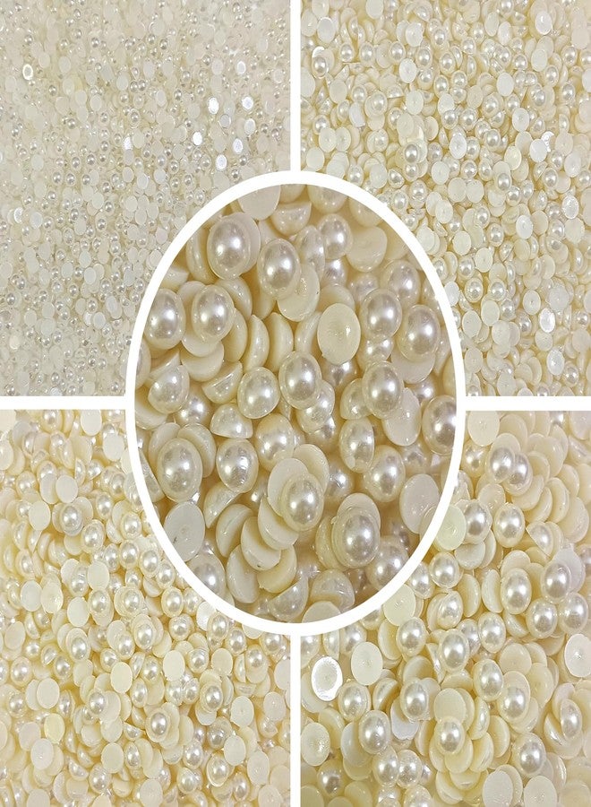 Kwizy Half Cut Pearl Beads Moti Combo for Jewelry Making 1400 Pcs Round Flat Back Pastable Acrylic Plastic Pearls Embroidery Art and Craft Kids DIY Making Purpose Loose Pearls for Bracelet Necklace Earring Sewing Scrapbooking Decoration | Size 4,6,8,10,12MM | 5 Different Size | White - Image 1
